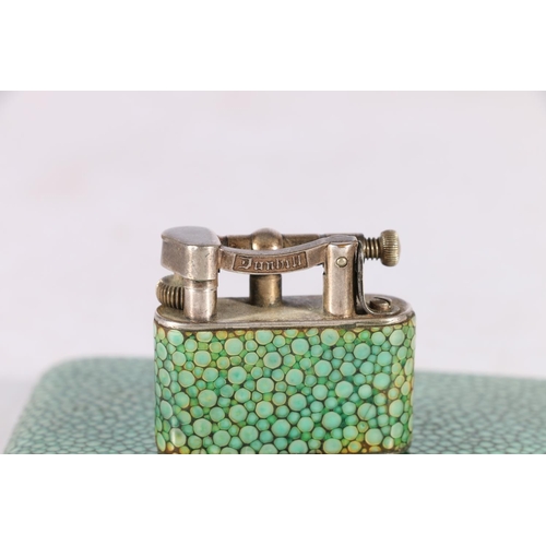 63 - Art Deco style Dunhill lighter with shagreen covered body, pat no143752, 3.5cm wide and a shagreen c... 