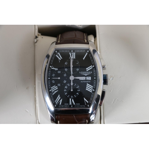 85 - Longines Evidenza Chronograph Calendar automatic stainless steel gentleman's wristwatch with brown l... 