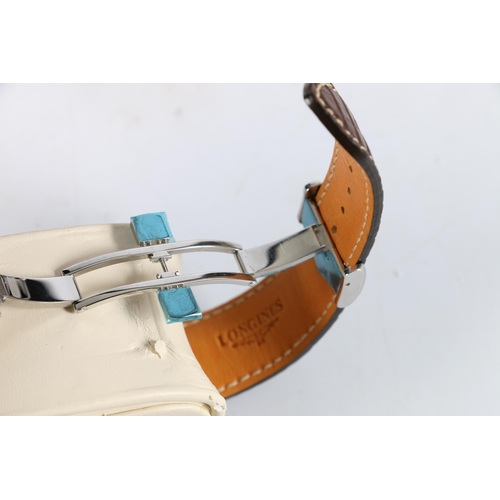 85 - Longines Evidenza Chronograph Calendar automatic stainless steel gentleman's wristwatch with brown l... 