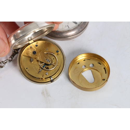 99 - Two antique silver pair cased pocket watches, both having silver watch guards.