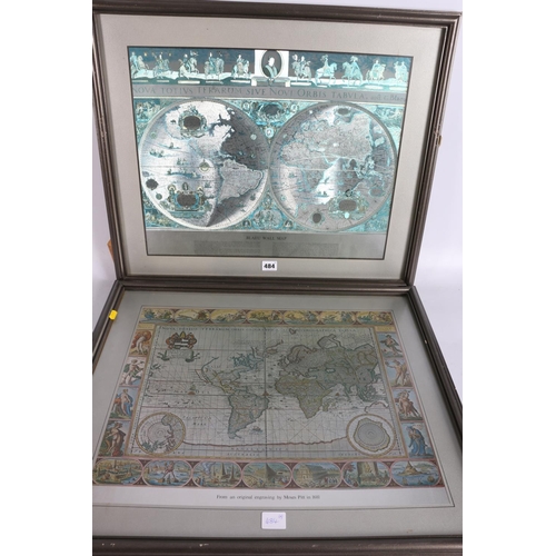 484 - Map of the world after Moses Pitt 1681, 37 x 50cm and Blaeu Wall Map 34 x 49cm. (2)