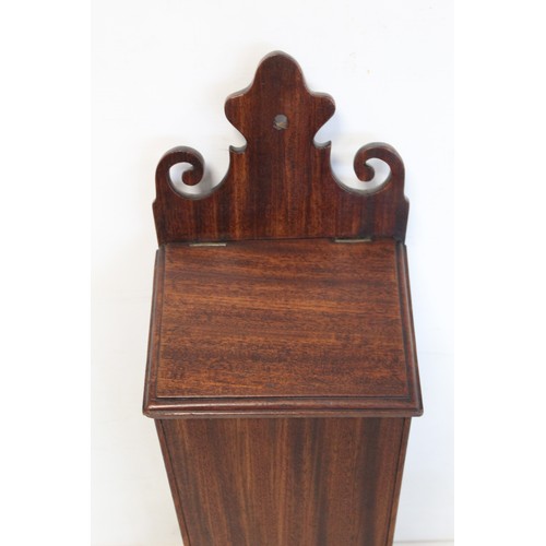 204 - Georgian mahogany hanging candle box of tapered rectangular form with fret cut back and sloping hing... 