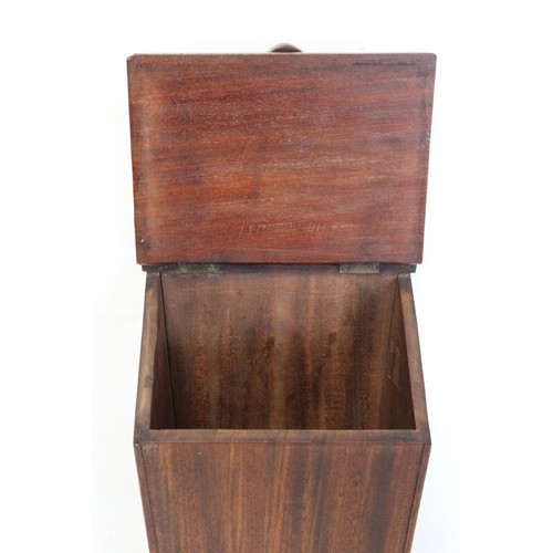 204 - Georgian mahogany hanging candle box of tapered rectangular form with fret cut back and sloping hing... 