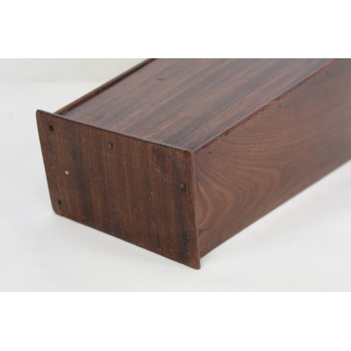 204 - Georgian mahogany hanging candle box of tapered rectangular form with fret cut back and sloping hing... 