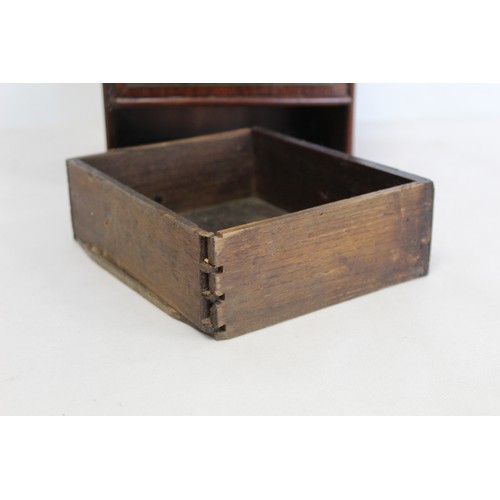 210 - Georgian mahogany and walnut candle or salt box of rectangular form with fret cut back, sloping hing... 