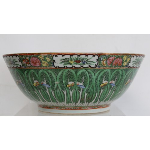 217 - Large Chinese 19th or early C20th century Canton famille rose punch bowl decorated with fern fronds ... 