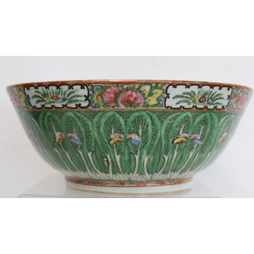 217 - Large Chinese 19th or early C20th century Canton famille rose punch bowl decorated with fern fronds ... 