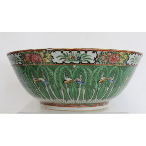 217 - Large Chinese 19th or early C20th century Canton famille rose punch bowl decorated with fern fronds ... 