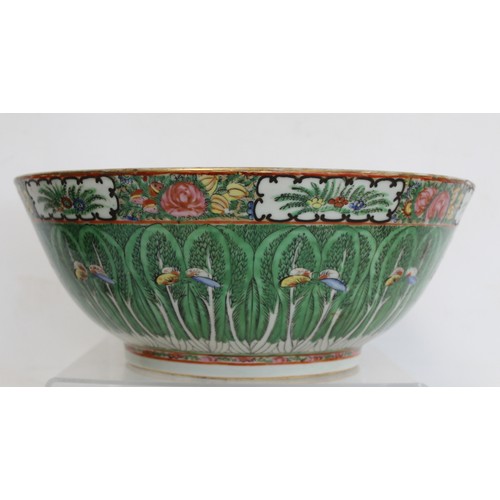 217 - Large Chinese 19th or early C20th century Canton famille rose punch bowl decorated with fern fronds ... 