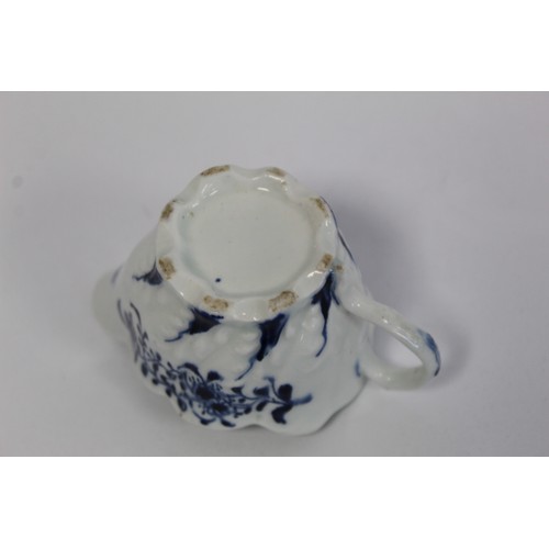 219 - Lowestoft porcelain cream boat c.1764 of low Chelsea ewer form with underglaze blue decoration of da... 