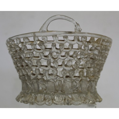 223 - 18th century Bristol or Liege glass 'traforato' basket of twin handled circular form with domed circ... 