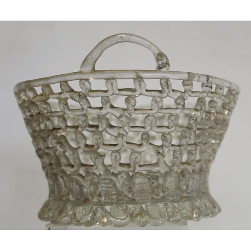 223 - 18th century Bristol or Liege glass 'traforato' basket of twin handled circular form with domed circ... 