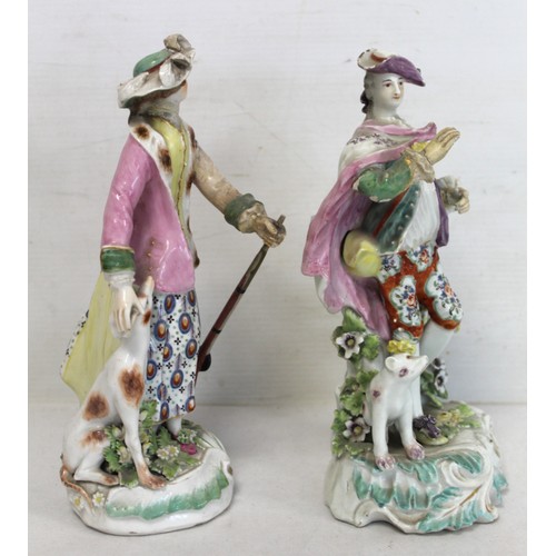 225 - Two 18th century Derby porcelain figures, one of a gentleman with dog at foot, 22cm high, the other ... 