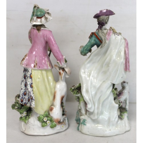 225 - Two 18th century Derby porcelain figures, one of a gentleman with dog at foot, 22cm high, the other ... 