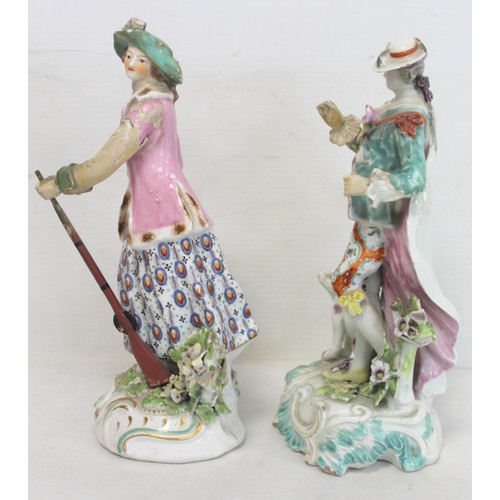 225 - Two 18th century Derby porcelain figures, one of a gentleman with dog at foot, 22cm high, the other ... 