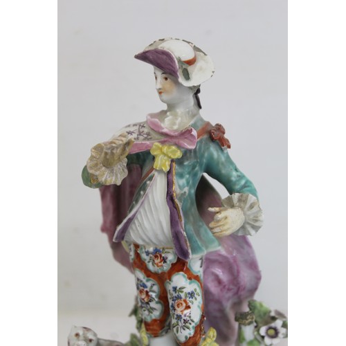 225 - Two 18th century Derby porcelain figures, one of a gentleman with dog at foot, 22cm high, the other ... 