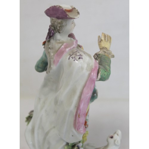 225 - Two 18th century Derby porcelain figures, one of a gentleman with dog at foot, 22cm high, the other ... 