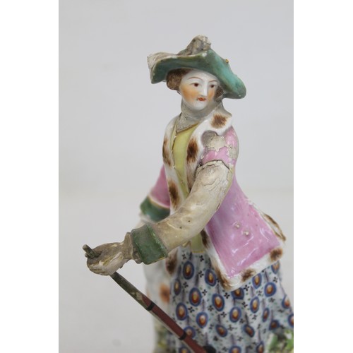 225 - Two 18th century Derby porcelain figures, one of a gentleman with dog at foot, 22cm high, the other ... 