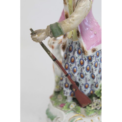 225 - Two 18th century Derby porcelain figures, one of a gentleman with dog at foot, 22cm high, the other ... 