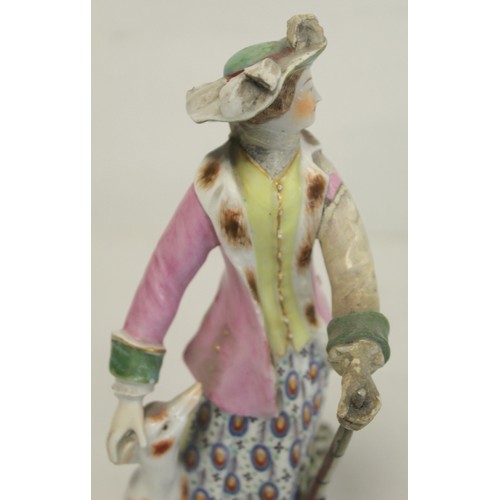 225 - Two 18th century Derby porcelain figures, one of a gentleman with dog at foot, 22cm high, the other ... 