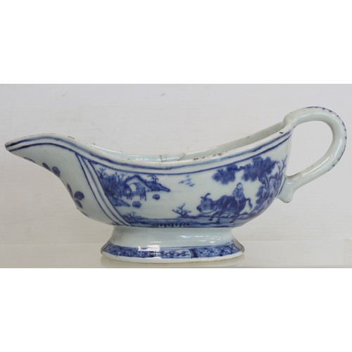 227 - Six pieces of 18th/19th century Chinese blue and white porcelain, comprising: sauce boat decorated w... 