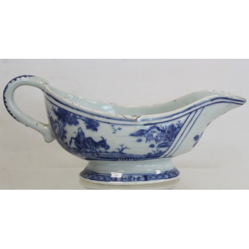 227 - Six pieces of 18th/19th century Chinese blue and white porcelain, comprising: sauce boat decorated w... 