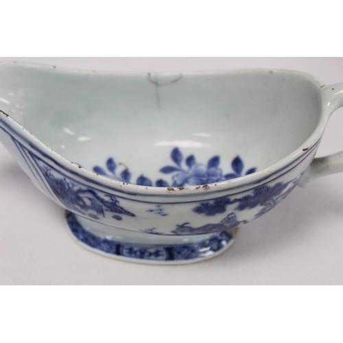 227 - Six pieces of 18th/19th century Chinese blue and white porcelain, comprising: sauce boat decorated w... 