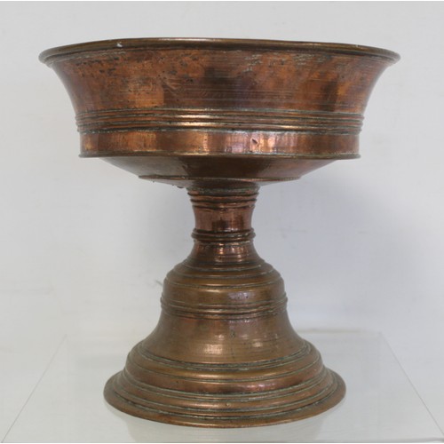 232 - Antique tinned copper tazza or comport, the flared bowl with reeded banding on reeded stem and high ... 