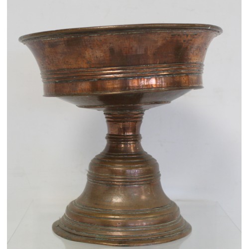 232 - Antique tinned copper tazza or comport, the flared bowl with reeded banding on reeded stem and high ... 