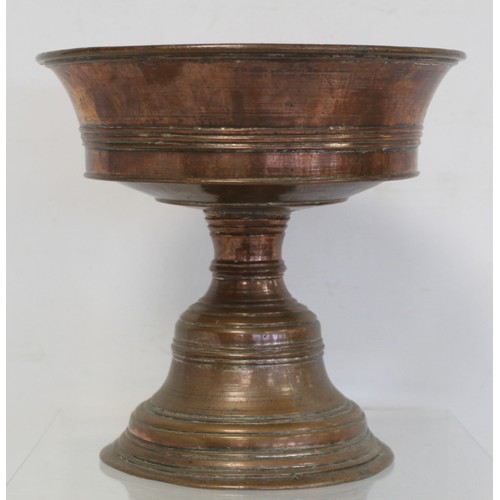 232 - Antique tinned copper tazza or comport, the flared bowl with reeded banding on reeded stem and high ... 