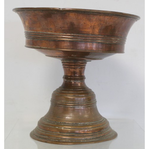 232 - Antique tinned copper tazza or comport, the flared bowl with reeded banding on reeded stem and high ... 