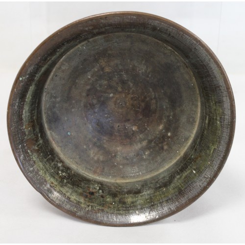 232 - Antique tinned copper tazza or comport, the flared bowl with reeded banding on reeded stem and high ... 