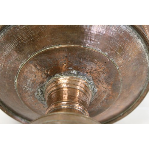 232 - Antique tinned copper tazza or comport, the flared bowl with reeded banding on reeded stem and high ... 