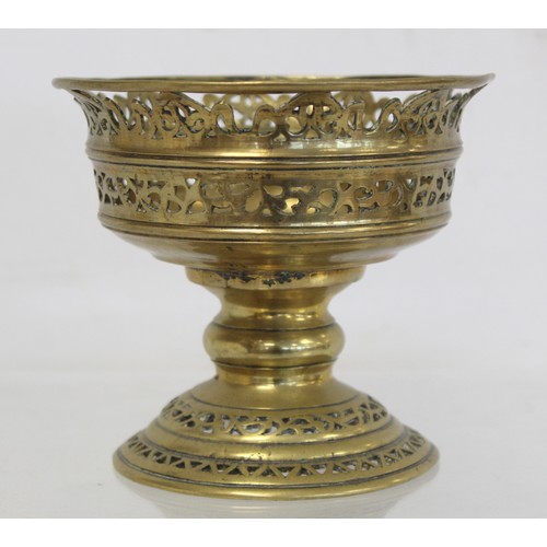 232 - Antique tinned copper tazza or comport, the flared bowl with reeded banding on reeded stem and high ... 