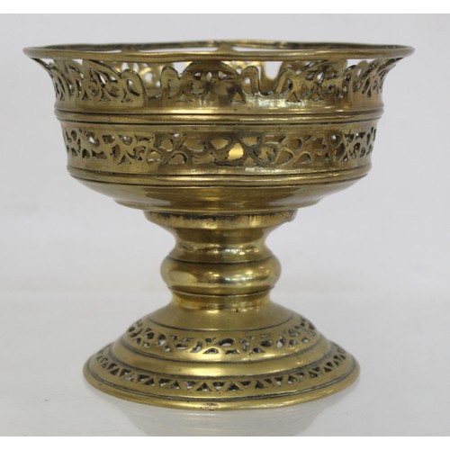 232 - Antique tinned copper tazza or comport, the flared bowl with reeded banding on reeded stem and high ... 