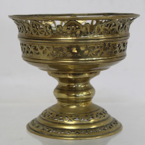 232 - Antique tinned copper tazza or comport, the flared bowl with reeded banding on reeded stem and high ... 