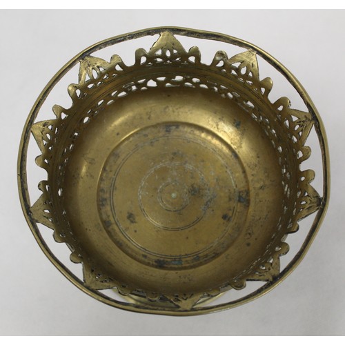 232 - Antique tinned copper tazza or comport, the flared bowl with reeded banding on reeded stem and high ... 