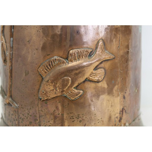 234 - Arts & Crafts copper stick stand in the manner of Newlyn School, decorated with a pelican, fish ... 