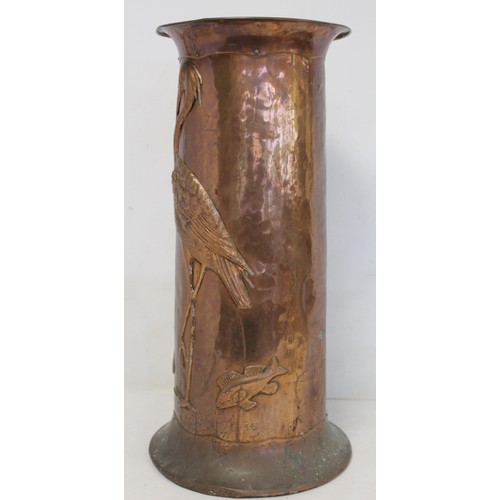 234 - Arts & Crafts copper stick stand in the manner of Newlyn School, decorated with a pelican, fish ... 