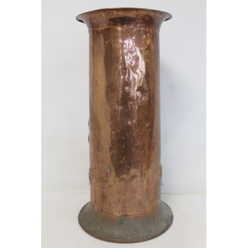 234 - Arts & Crafts copper stick stand in the manner of Newlyn School, decorated with a pelican, fish ... 