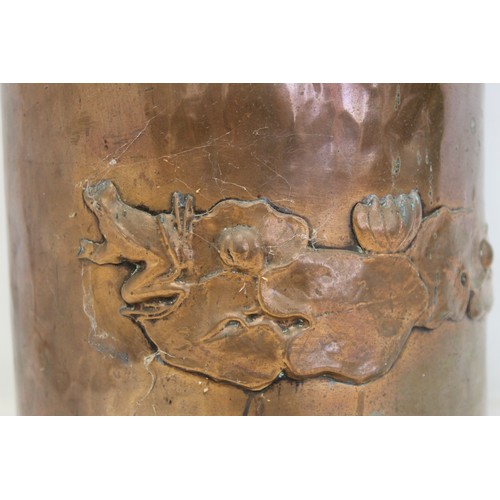 234 - Arts & Crafts copper stick stand in the manner of Newlyn School, decorated with a pelican, fish ... 