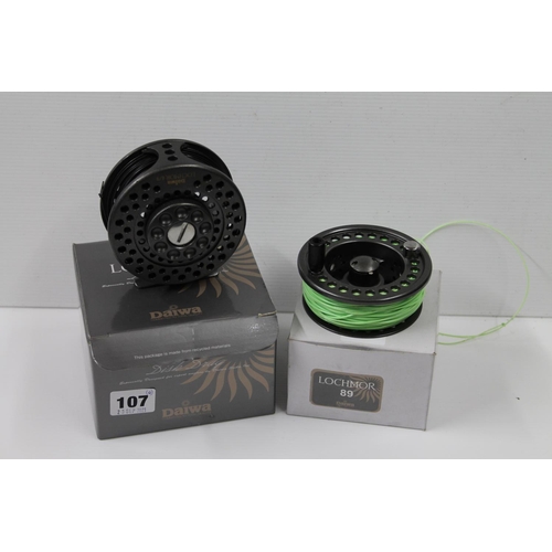 107 - Daiwa Lochmor 89 Disk Drag fishing reel with additional spool, both boxed, (2)