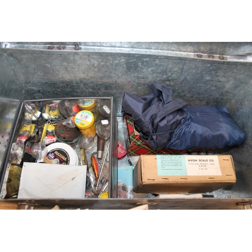 114 - White metal hinged box containing fishing tackle including fly tying materials, lures etc.&nbsp;