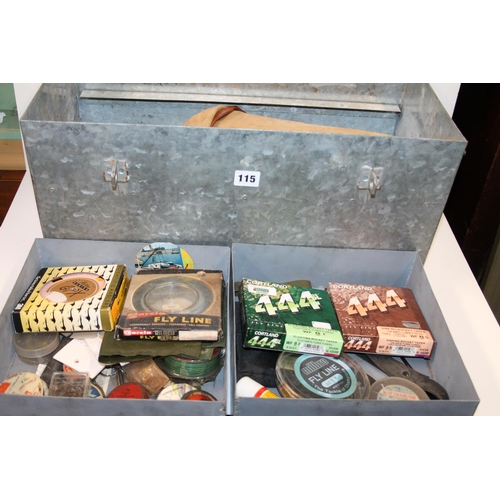 115 - White metal box containing fishing tackle including two leather and canvas fishing bags, a priest, l... 