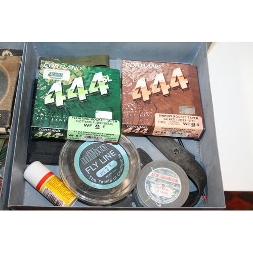 115 - White metal box containing fishing tackle including two leather and canvas fishing bags, a priest, l... 