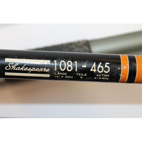 129 - A group of fishing rods including Shakespeare 1081-465 telescopic, Alcocks duraglass, etc. also a la... 