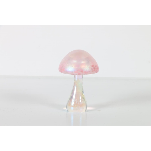 100 - Opalescent glass mushroom in the manner of Joh Ditchfield, signed PWB70, 9cm high.