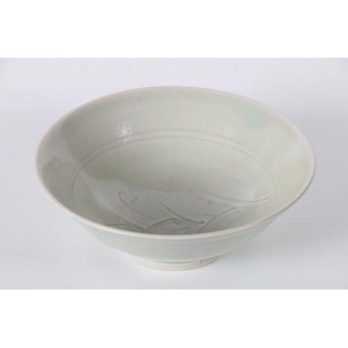 24 - Jim Malone studio pottery celadon ground bowl, JM mark to foot rim, 16cm diameter.