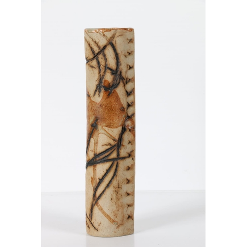 31 - Studio Pottery rolled slab vase, signed to base, 29cm tall.