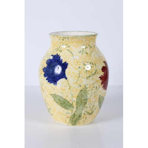 40d - Poole Ferrucio baluster vase, hand-painted with floral decoration on spattered yellow ground, 20.5cm... 